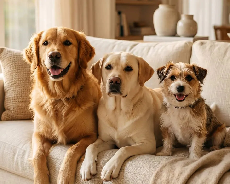 Three dogs sitting side by side on a light sofa